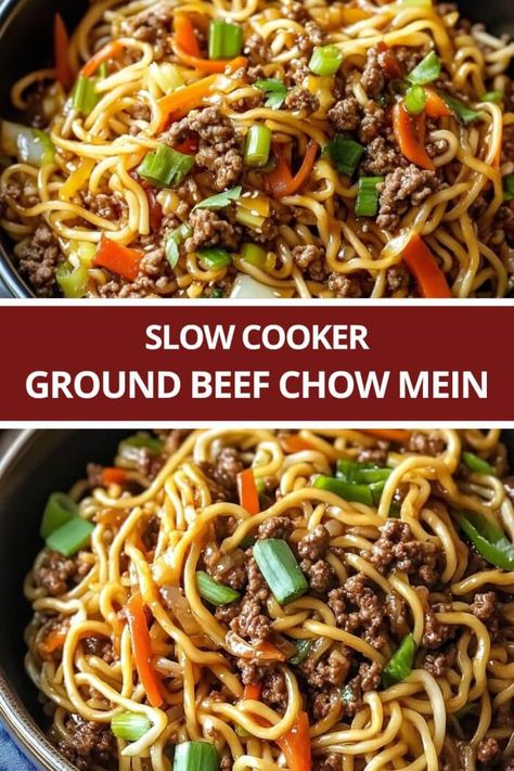 Slow Cooker Ground Beef Chow Mein Slow Cooker Low Mein, Crockpot Low Mein, Hamburger Slow Cooker Recipes Crock Pots, Crockpot Beef Ideas, Slow Cooker Ground Sausage Recipes, Beef Noodles Slow Cooker, Slow Cooker Beef Chow Mein, Slow Cooker Ground Beef Chow Mein, Slow Cook Ground Beef Recipes