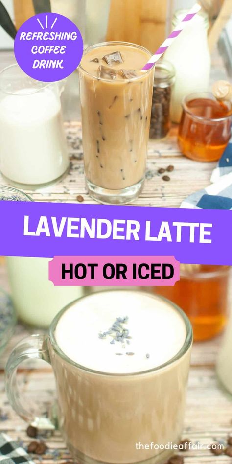 Iced Latte At Home, Lavender Latte Recipe, Lavender Dessert, Honey Latte, Lavender Drink, Lavender Coffee, Coffee Lattes, Vegan Drinks Recipes, Lavender Latte