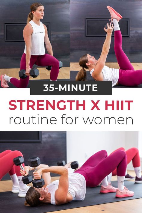 The best strength and HIIT home workout for women — 9 killer dumbbell exercises in a challenging, full body workout. Get all the benefits of strength training and HIIT workouts for women in one effective, 35-minute home workout video on YouTube! Perform all 9 HIIT exercises x 3 sets. An effective full body workout for busy woman and moms. All you need is a set of dumbbells and modifications are offered for ALL fitness levels from beginner to advanced! High Impact Workout At Home, Hiit Workouts At Gym, Hiit Exercises, Full Body Strength Workout, Pregnancy Workout Videos, Home Workout For Women, Full Body Weight Workout, Hiit Workout Videos, Dumbbell Workouts