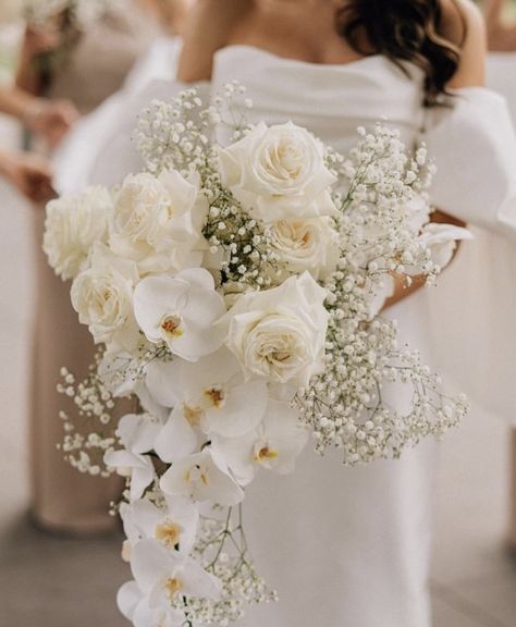 Hanging Bridal Bouquet White, White Roses Cascade Bouquet, Cascading White Orchid Bridal Bouquet, Wedding Flower Peonies, Stunning Bridal Bouquet, Bridal Bouquet Summer White, White Bridal Bouquet With Orchids, White Rose Orchid Bouquet, Bouquet Wedding Long