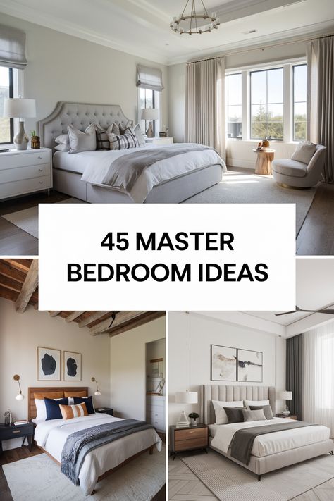 45 Jaw-Dropping Master Bedroom Ideas You Need to See Transitional Style Bedroom Furniture, Grey Transitional Bedroom, White Headboard Dark Furniture, Ideas For Master Bedrooms Decorating, Master Bedrooms Grey And Beige, Large Bedroom Ideas Master Suite With Sitting Area, Windows In Master Room, Bedroom Drapery Ideas Master, Master Bedding Ideas Cozy Bedroom Layered