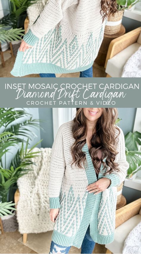 Crochet Mosaic Cardigan, Modern Crochet Cardigan, Mosaic Crochet Sweater Patterns, Free Cardigan Crochet Pattern, Knitted Plushies, Wearable Crochet, Crochet Sweater Design, Crochet Cardigan Pattern Free, Crochet Cardigans