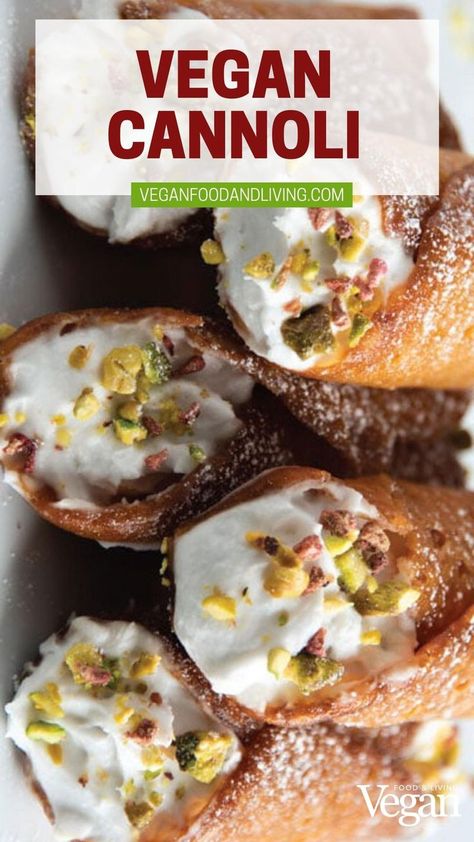 Vegan Cannoli with Pistachios & Raspberries Vegan Cannoli Recipe, Vegan Cannoli, Cannoli Recipes, Cashew Yogurt, Vegan Banana Bread Recipe, Cannoli Filling, Brandy Snaps, Cannoli Recipe, Vegan Baking Recipes