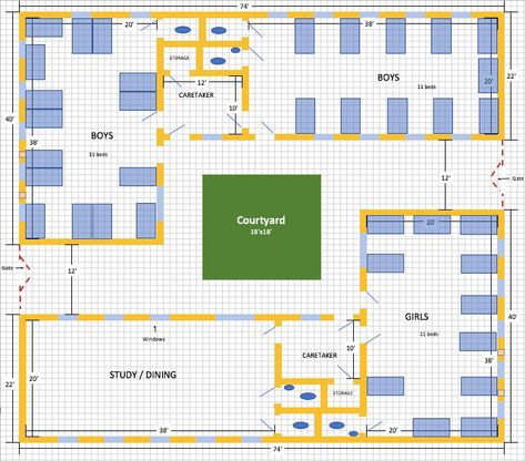 Final orphanage plan Orphanage Building Design, Orphanage Interior Design, Orphanage Floor Plan, Orphanage Layout, Orphanage Room, Orphanage Interior, Bloxburg Orphanage, Orphanage Building, Manufacturing Factory Design