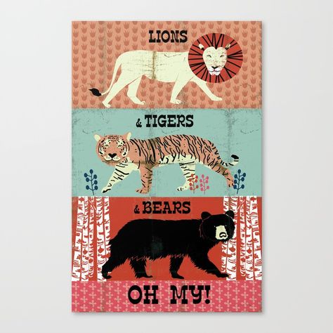 Lions and Tigers and Bears! Canvas Print by andrealauren. Worldwide shipping available at Society6.com. Lions And Tigers, Book Displays, 11x17 Poster, Andrea Lauren, Boy Boy, Childrens Quilts, Kid Art, Bear Art, Childrens Illustrations