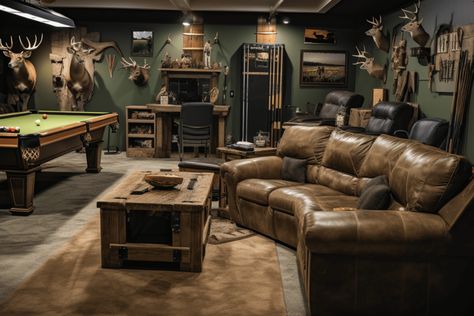 Best Hunting Man Cave Decor Ideas for Your Home Man Cave Deer Mounts, Man Cave Den Ideas, Western Man Cave, Hunting Man Cave Ideas, Man Cave Couch, Barn Man Cave, Hunting Man Cave Decor, Hunting Room Design, Man Cave Decor Ideas