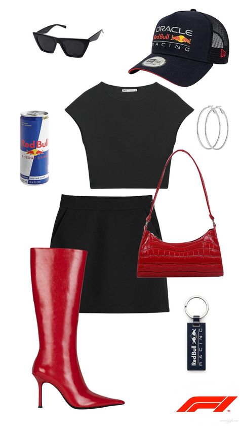 Race Outfit Ideas, F1 Outfits For Women, Formula One Costume, Formula 1 Outfit Style, F1 Women Outfit, F1 Fashion Women, Red Bull Costume, F1 Halloween Costume Women, F1 Outfit Ideas