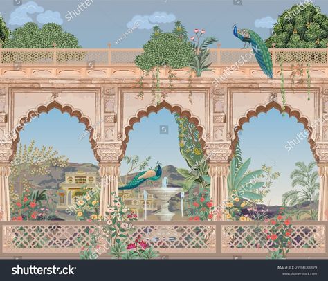 Mughal Garden Illustration, Mughal Art Paintings Illustrations, Mughal Elements, Mughal Palace, Palace Illustration, Palace Painting, Mughal Garden, Decorative Arch, Peacock Garden