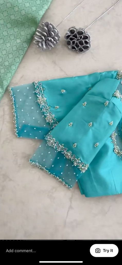 Net Blue Blouse Designs, Pattu Saree Blouse Maggam Work Designs, Net Pattu Blouse Designs, Full Hand Aari Work Design, Blue And Silver Blouse Designs, Net Hand Designs For Blouses, Pattu Blouse With Net Sleeves, Glass Beads Aari Work Blouse, Net Blouse For Pattu Saree