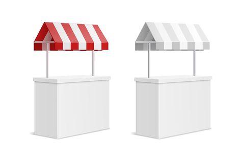 Promotion counter. 3d exhibition stand mockup with fabric red and white striped canopy, mini market portable place, advertising business desk. Clean empty promo table. Vector realistic isolated set Food Stand Design, Table Vector, Business Desk, Nano Technology, Mini Market, Food Stands, Fabric Red, Label Templates, Exhibition Stand