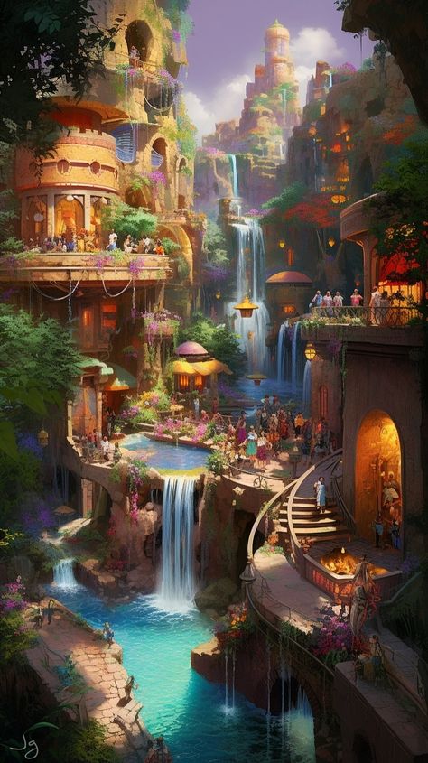 Oasis Kingdom Fantasy Art, Tropical Kingdom Fantasy Art, Magical Island Art, Fantasy Mexican City, Oasis City Fantasy Art, Island Town Fantasy Art, Summer Kingdom Fantasy Art, Fantasy Tropical Village, Island City Fantasy Art