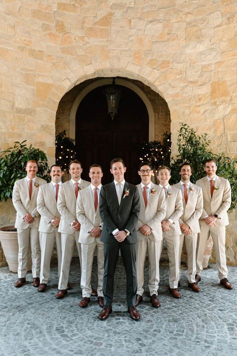 Groomsmen photo inspiration. Tan linen groomsmen suits, terracotta ties, and brown loafers for this boho color scheme. | Sarah Yates Photo | This romantic Italian-style wedding in Southern California was straight out of a fairytale. Groom Linen Suit, Men Beach Wedding, Tan Groomsmen Suits, Beach Wedding Suit, Tan Groomsmen, Wedding Suit Groom, Suit Groomsmen, Beach Wedding Suits, Wedding Groomsmen Attire