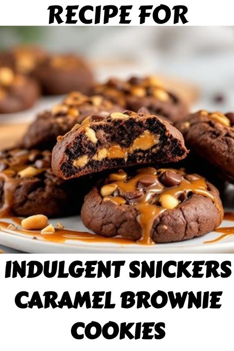 Snickers caramel brownie cookies with a gooey caramel center, topped with chocolate chips and peanuts. Snickers Cookies Recipes, Snickers Cookies, Beginner Baker, Classic Chocolate Chip Cookies, Cookie Dough Recipe, Salted Caramel Cookies, Unique Cookies, Biscotti Recipe, Caramel Brownies