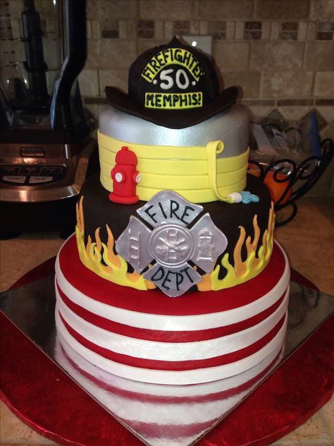 My stepdads 50th birthday cake i made!!!  Mallory Gray 50 Cakes of Gray Firefighter Grooms Cake, Firefighter Wedding Cakes, Grooms Cake Ideas, Firefighter Cake, Fire Fighter Cake, Fireman Cake, Fire Cake, Firefighter Wedding, Fireman Party