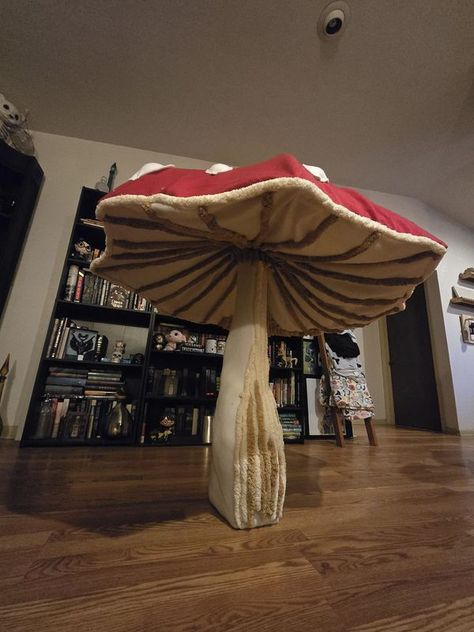 Mushroom Ottoman Diy, Enchanted Forest Halloween Decorations, Enchanted Forest Trunk Or Treat, Diy Giant Mushroom, Giant Mushrooms Diy, Fairy Trunk Or Treat, Vbs Magnified, Halloween Decorations On A Budget, Giant Caterpillar