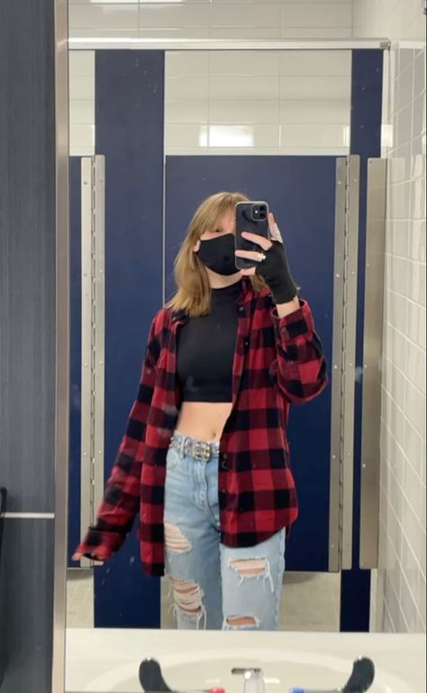 Outfit With Red Flannel, Flannel Outfits Red And Black, Flannel And Ripped Jeans Outfits, Red Rocker Outfit, Black And Red Checkered Shirt Outfit, Red Checkered Jacket Outfit, Girly Flannel Outfits, Outfits With Red Flannel, Red Plaid Flannel Outfit