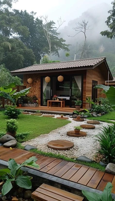 Small Bamboo House Design, Tiny House Tropical Design, Bali Inspired Tiny House, Tropical Cabins Architecture, Small House Design Philippines Simple Wood, Resort Design Plan, Wooden House Design, Tropical House Design, Minimalist Garden