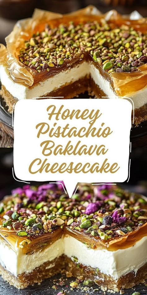 Honey Pistachio Baklava Cheesecake Ingredients: For the Base: 10 sheets of phyllo pastry (thawed) Approx. 2 sticks unsalted butter, melted 1 cup roasted walnuts 1 cup roasted almonds 1 tsp. ground cinnamon 1/4 tsp. salt 2 Tbsp. melted butter Cheesecake Filling: 500g cream cheese (room temperature) 1 cup granulated sugar Pinch of salt 2 tsp. vanilla extract 1 Tbsp. lemon zest 1 Tbsp. lemon juice 1 Tbsp. corn starch 3 large eggs (room temp.) #Honey #Pistachio #Cheesecake Pistachio Baklava Cheesecake, Honey Pistachio Baklava Cheesecake, Baklava Cheesecake Recipe, Pistachio Baklava Recipe, Pistachio Cheesecake Recipe, Honey Pistachio, Baklava Dessert, Cheesecake Ingredients, Phyllo Pastry