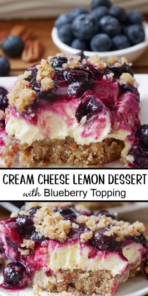 Cream Cheese Lemon Dessert with Blueberry Topping Lemon Fall Dessert, Lemon And Berry Desserts, Lemon Blueberry Deserts, Lemon And Blueberry Recipes, Lemon Cheese Dump Cake, Cheesecake With Blueberry Topping, Lemon Berry Desserts, Fresh Fruit Cheesecake, Lemon Blueberry Bread Pudding