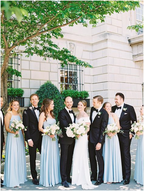 Dusty Blue Wedding Black Suit, Dusty Blue Bridesmaids And Groomsmen, Blue Bridesmaid Black Groomsmen, Powder Blue Bridesmaid Dress And Groomsmen, Wedding Party Tuxedo Groomsmen, Black Tux Blue Bridesmaid, Sky Blue And Black Wedding, Light Blue Wedding Theme Groomsmen, Light Blue Wedding Party Attire