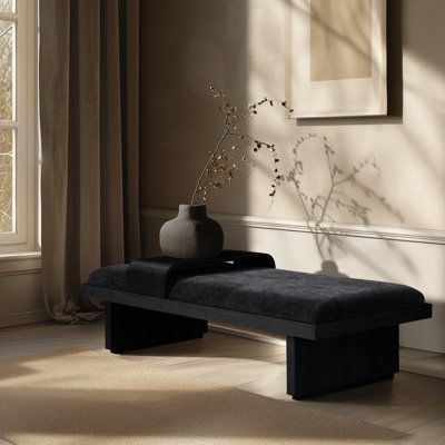 Elegant and eye-catching, the stunning chenille fabric Bryaunna bench is the perfect addition to any space. Color/Pattern: Black/Black | Wade Logan® Bryaunna Chenille Fabric Bench Wood / Chenille / Upholstered in Black | 19.5 H x 65 W x 26 D in | Wayfair Black Industrial Living Room, All Black Furniture Living Room, Velvet Bench Bedroom, Living Room Bench Decor, Living Room With Bench, Men Decor Apartment, Bedroom With Bench, Modern Bench Entryway, Bed Bench Ideas