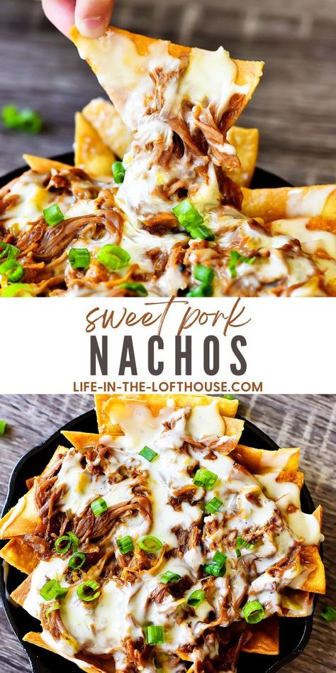 Sweet Pork Nachos - Life In The Lofthouse Sweet Pork Nachos, Pulled Pork Nachos Recipe, Pork Nachos Recipe, Life In The Lofthouse, Pulled Pork Nachos, Pork Nachos, Sweet Pork, Nachos Recipe, Pork Dishes