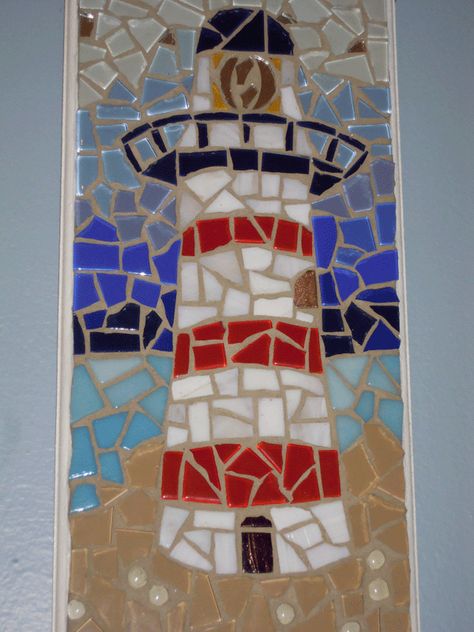 Lighthouse mosaic Mosaic Lighthouse, Mosaic Sea Life, Paper Mosaic, Mosaic Pots, Mosaic Flower Pots, Red Bathroom, Mosaic Art Projects, Mosaic Tile Art, Mosaic Pictures