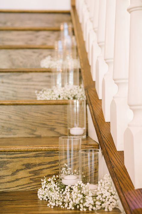 Wedding Decor On Stairs, Candle Stairs Wedding, Home Weddings Indoor, Diy Wedding Stairs Decor, Tulle On Staircase Wedding Decorations, Staircase Candles Wedding, Wedding Venue Staircase Decor, Stairway Wedding Decorating, Wedding Decorations For Stairs