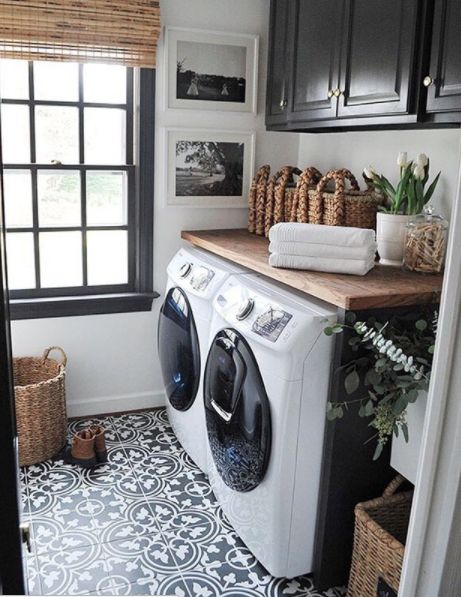 Love the wood counter on top of the laundry appliances Farmhouse Laundry Room Ideas, Modern Farmhouse Laundry Room, Farmhouse Laundry, Farmhouse Laundry Room, Laundry Room Inspiration, Laundry Room Remodel, Small Laundry Room, Small Laundry, Laundry Room Storage