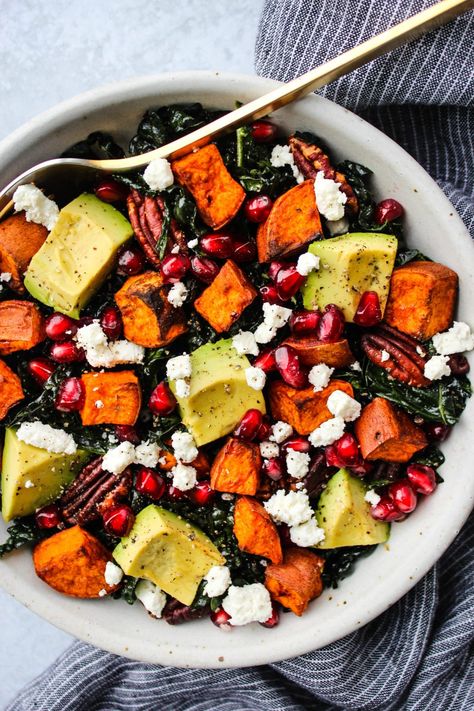 Massaged Kale Salad with Sweet Potatoes | Walder Wellness, Dietitian Pomegranate Goat Cheese, Sweet Potato Juice, Walder Wellness, Massaged Kale Salad, Winter Salad Recipes, Massaged Kale, Fresh Summer Salad, Work Lunches, Autumn Salad