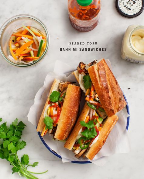 Seared Tofu Banh Mi Sandwiches Tofu Bahn Mi, Banh Mi Sandwich Recipe, Tofu Banh Mi, Seared Tofu, Banh Mi Recipe, Vietnamese Sandwich, Bahn Mi, Banh Mi Sandwich, Pickled Veggies