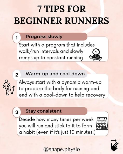 Are you new to running? 🏃🏽‍♀️ *** Here are 7 tips that can help any runner that is just getting started: 1. Progress slowly 2. Include a warm-up and a cool-down 3. Stay consistent 4. Include strength training 5. Find support/community 6. Get proper sleep 7. Be patient *** Follow @shape.physio for more running tips on how to become a better and healthier runner. ✨ Share with a friend who might like these running tips. 🏃‍♀️ . . . . . #runningtips #runninglife #running #runningworld #physi... Stay Consistent, Running Tips, Getting Started, Strength Training, How To Become, Sleep, Train, Running, Quick Saves