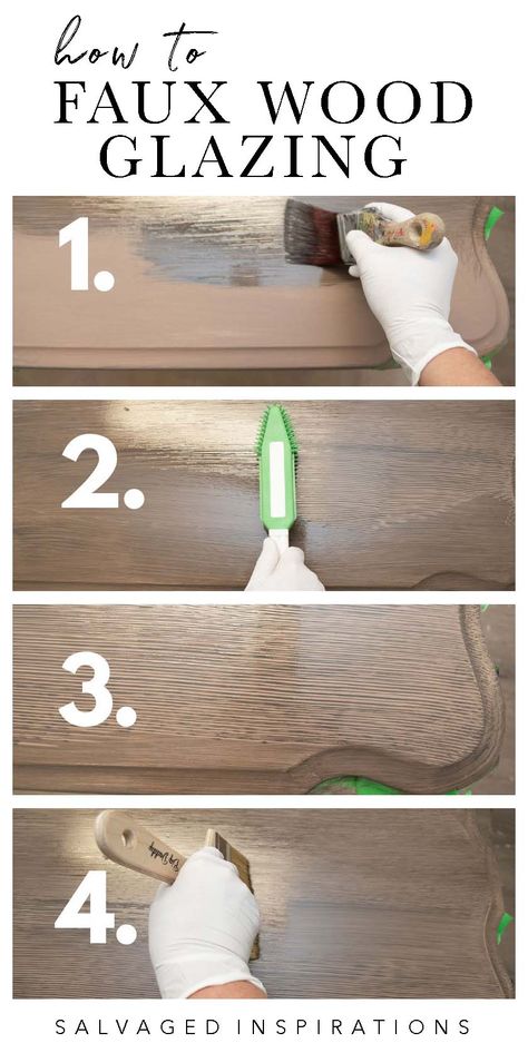 How To Make Paint Look Like Wood - Salvaged Inspirations How To Make Painted Cabinets Look Like Wood, Diy Weathered Wood Look With Paint, How To Make Particle Board Look Like Wood, How To Paint Fake Wood, Faux Walnut Finish Diy, Wood Grain Painting Techniques, Painting Faux Wood Furniture, Painting To Look Like Wood Grain, How To Paint Wood Texture