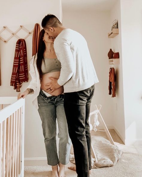 Maternity Nursery Pictures, Couples Home Maternity Shoot, Maternity Photo Shoot Nursery, Maturity Photoshoot In Nursery, Maternity Pictures At Home Indoor, Casual In Home Maternity Photos, Diy Maternity Photos In Nursery, Easy Maternity Photos At Home, Couple Maternity Poses At Home