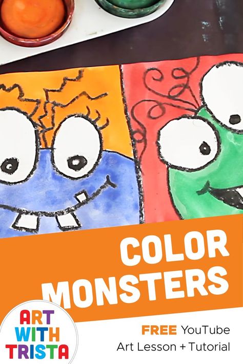 How to draw 3 different monsters with a black crayon using a technique called crayon resist to paint the negative space around the monster and the monster itself using a complementary pair of colors. Monster Tutorial Drawing, Line Monsters Kindergarten, How To Draw Monsters Step By Step, Primary Colors Drawing Art Projects, Monsters Painting, Colorful Art Projects, Black Crayon, Color Unit, Color Drawing Art