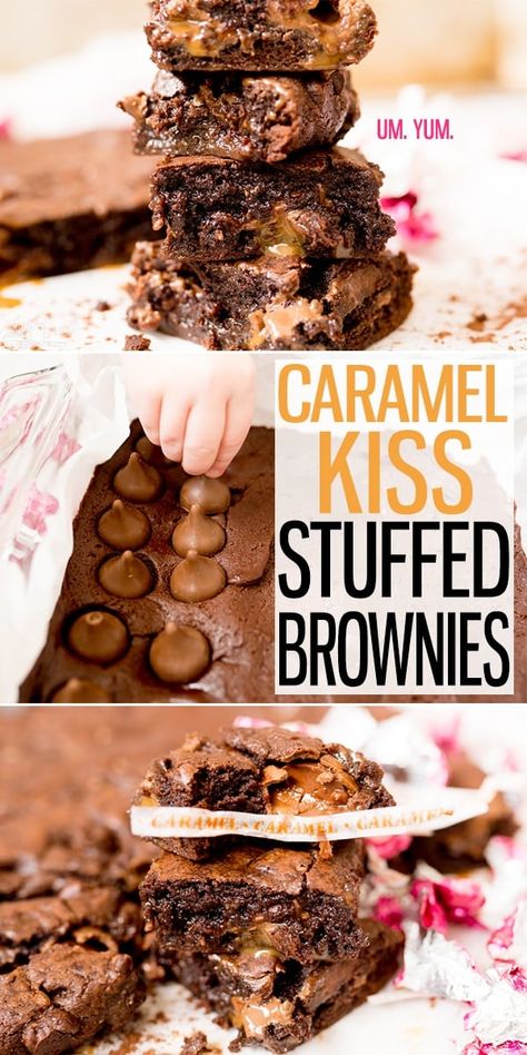 Caramel Brownies are a rich, fudgey brownie stuffed with Caramel Kisses! The milk chocolate and caramel pair wonderfully with the rich chocolate of the brownie creating a party in your mouth! This is an easy dessert that will impress everyone! Perfect quick and easy treat for holidays, like Valentine's Day! |Cooking with Karli| #brownies #caramel #kisses #chocolate #easy #valentinesday #valentines #dessert #recipe #cocoapowder Brownies Caramel, Stuffed Brownies, Cookie Dough Cake, Valentines Recipes Desserts, Chocolate And Caramel, Blueberry Coffee Cake, Easy Treat, Caramel Brownies, Valentine Desserts