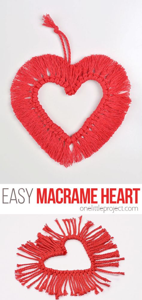 Learn how to make macrame hearts from our easy step-by-step tutorial and video. It's such a fun craft for Valentine's Day (or any day!) and it's SO EASY make - perfect for macrame beginners! Hang them as decorations or give them as a gift. Such an easy craft for adults and kids. Share the love with a macrame heart! Macrame Crafts For Beginners, Easy Heart Crafts For Kids, Easy Valentine Crafts For Seniors, Craft Ideas With Yarn Easy Diy, Mother’s Day Crafts For Adults, Macrame Easy Diy Craft Ideas, Macrame For Kids Easy, Kids Macrame Projects, Valentines Crafts For Teens