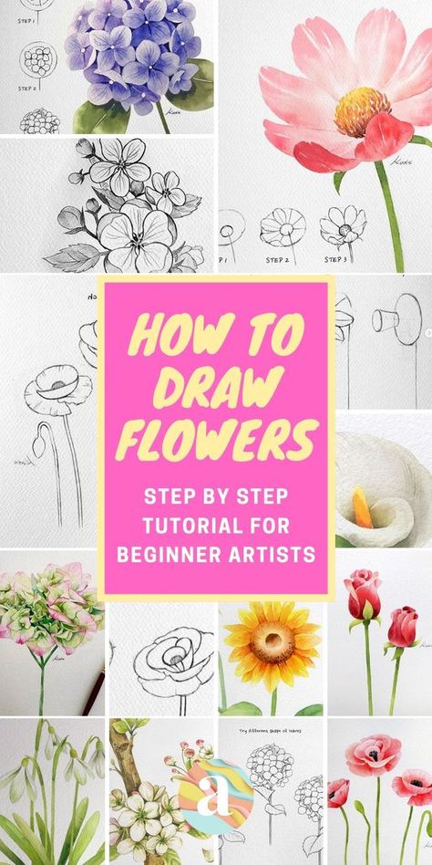 Flower Drawing Watercolor, Hur Man Ritar Blommor, Flowers Step By Step, How To Draw Flowers, Beautiful Pencil Drawings, Draw Flowers, Flower Drawing Tutorials, Watercolor Flowers Tutorial, Flowers Tutorial