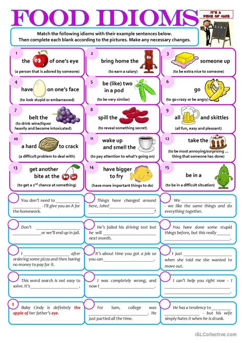 FOOD IDIOMS: English ESL worksheets pdf & doc Food Idioms, Idioms Activities, Idioms English, Simple Food, Esl Worksheets, Bad Timing, Teaching English, Homework