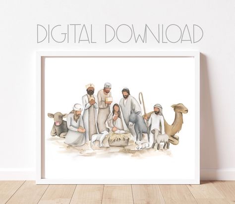 Nativity Watercolor Digital Download Neutral Nativity Painting Mary and Joseph Baby Jesus Picture Christ Child Printable - Etsy Nativity Shepherds Drawing, Christmas Pictures To Paint, Nativity Watercolor, Baby Jesus Pictures, Nativity Painting, Diy Nativity, Diy Stocking Stuffers, Christ Centered Christmas, Mary And Joseph