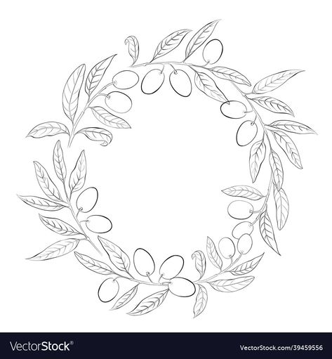 Olive Wreath Illustration, Olive Branch Embroidery, Chef House, Olive Branch Wreath, Crown Drawing, Olive Wreath, Leaf Outline, Black And White Vector, Crochet Angel