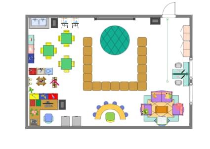 Here is a vibrant and meticulously organized layout of a preschool classroom. Central to the room is a large, circular green rug surrounded by a semi-circle of comfortable brown chairs, creating a communal area for storytelling or group activities. Kindergarten Classroom Layout Ideas, Kindergarten Classroom Layout, Communal Area, Half Circle Table, Small Library, Classroom Layout, Floor Plan Drawing, Art Area, Office Layout