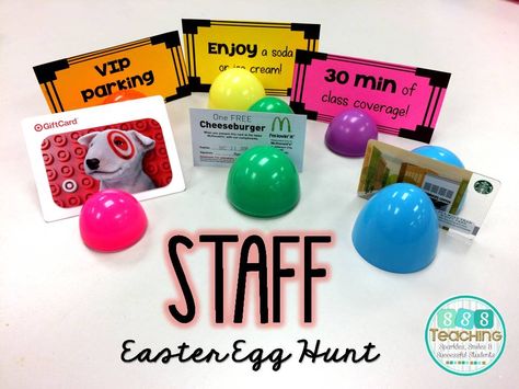 I posted about a Staff Easter Egg hunt on Instagram and many people were interested in how it worked.  I don't have too... Staff Easter Egg Hunt, Staff Treats, Easter Teacher Appreciation, Morale Ideas, Aba Ideas, Algebra Games, Climate Activities, Staff Wellbeing, Work Incentives