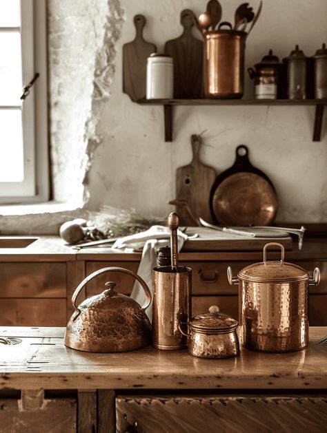 25 Rustic Decor Ideas for a Homely Vibe Copper In Kitchen Decor, Decorating With Copper In The Kitchen, Copper Accents Kitchen, Copper Canisters Kitchen, Copper Decor Kitchen, Autumnal Kitchen, Rustic Vogue, Old World Interior Design, Copper Decor Accents