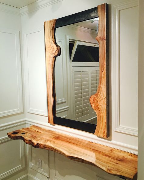 Live edge mirror frame and counter , salon station / custom design www.statuswood.com #uniquemirror Large Square Mirror Ideas, Live Edge Salon Station, Mirror Edges Ideas, Custom Mirror Frame, Live Edge Mirror Frame, Live Edge Furniture Ideas, Live Edge Bathroom Counter, Live Edge Ideas, Mirror Frames Ideas