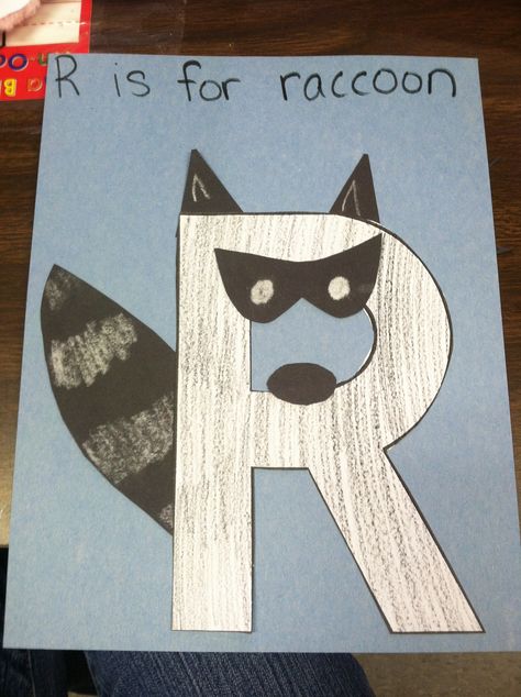 Alphabet Letter R is for raccoon. Chalk stripes and features on black construction paper. Letter R Activities, Raccoon Craft, Preschool Alphabet Letters, Preschool Letter Crafts, Alphabet Crafts Preschool, Abc Crafts, Alphabet Letter Crafts, The Letter R, Kindergarten Letters