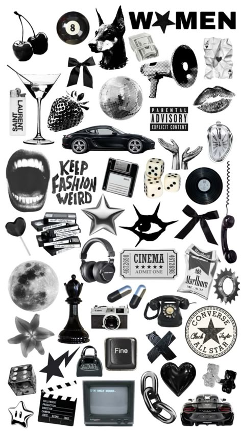 iPhone black and white collage wallpaper phone background Black And White Collage Wallpaper, White Collage Wallpaper, Macbook Cover Stickers, Black And White Collage, Y2k Stickers, White Collage, Iphone Stickers, Homemade Stickers, Scrapbook Printing