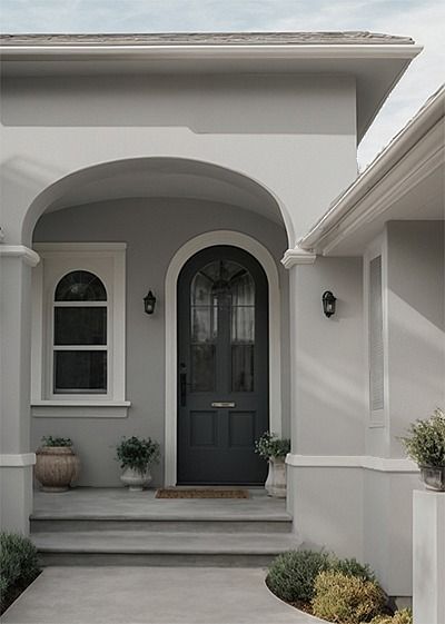 Grey Outside House Paint, Gray Stucco House Exterior, Grey Stucco House, Light Grey House Exterior, Light Gray Exterior House Colors, Grey Stucco House Exterior, Stucco Exterior Colors, Grey Stucco, Stucco Houses