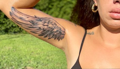 Love love love my new angel wing tattoo Angel Wing Inner Bicep Tattoo, Angel Wing Bicep Tattoo, Wing On Arm Tattoo Women, Angel Wings Tattoo Inner Bicep, Back Of Neck Angel Wing Tattoo, Wing On Forearm Tattoo, Angel Wing Shoulder Tattoo, Traditional Angel Wings Tattoo, Angel Wings Tattoo Placement