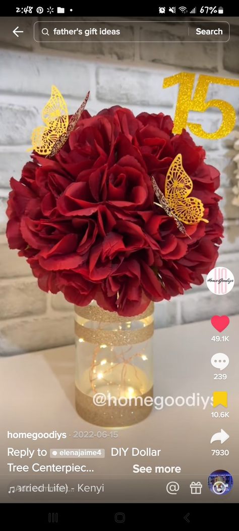 Sweet 15 Centerpieces, Quince Decorations Red, Red And Gold Quinceanera Decorations, Centerpieces For Quinceanera, Butterfly Quince Theme, 21st Birthday Centerpieces, Diy Quinceanera Decorations, Gold Quinceanera Theme, Quince Centerpieces